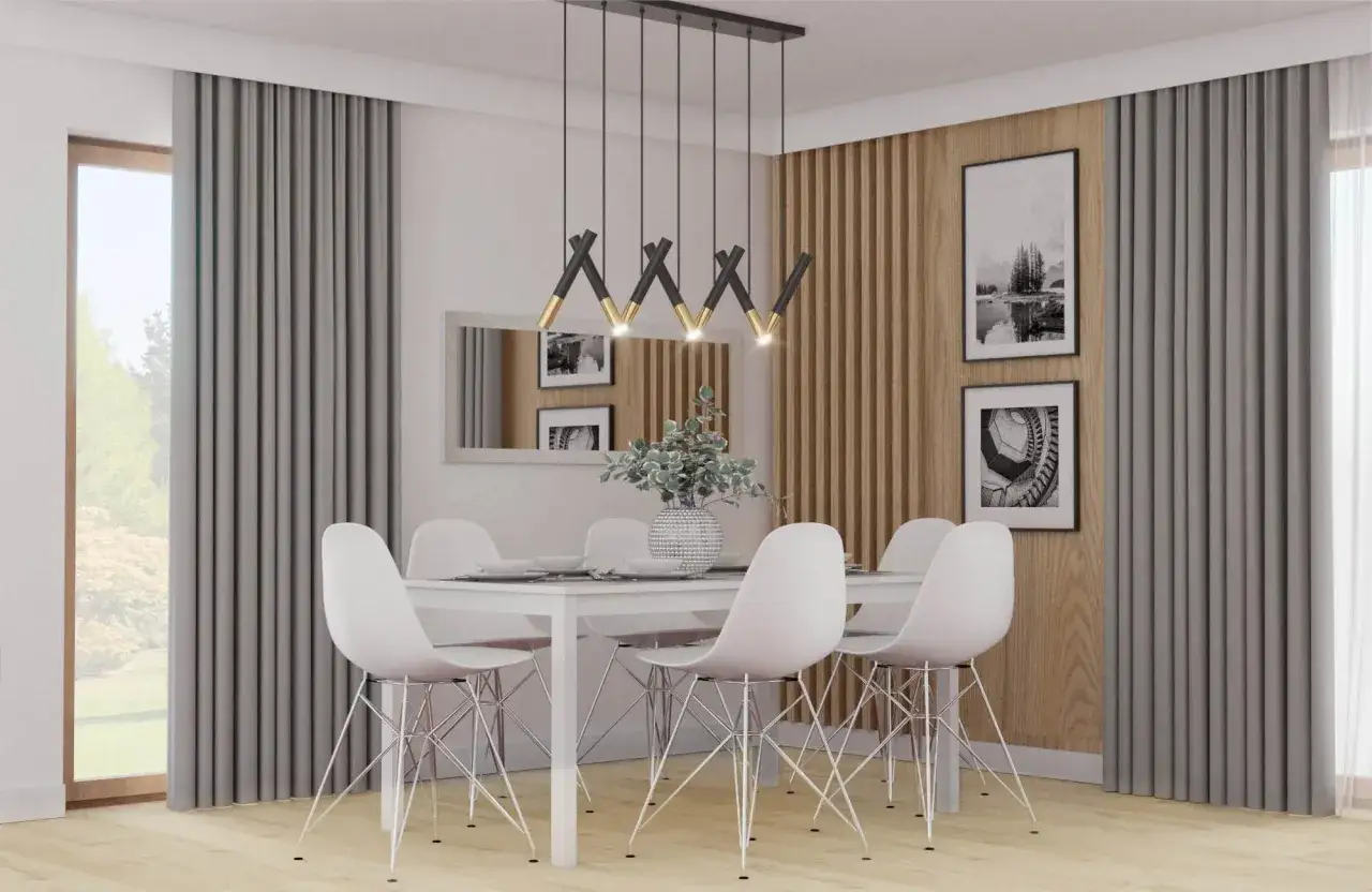 Nowoczesna kuchnia z białym stołem i krzesłami. Drewniane lamele na ścianie dodają ciepła.
