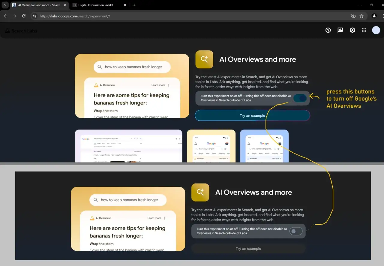 Jak wyłączyć tryb AI w wyszukiwarce Google: kliknij przycisk obok 