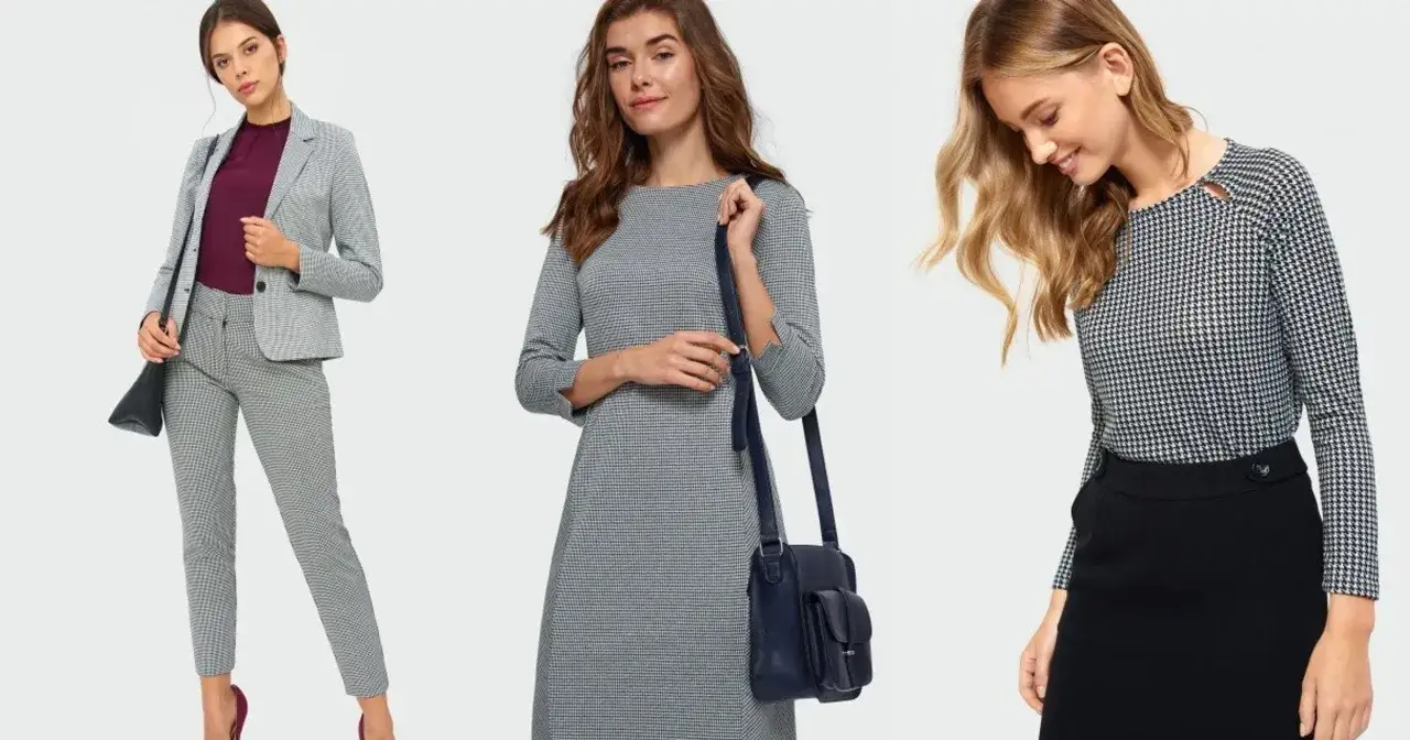 Trzy kobiety prezentują stylizacje w pepitkę, udowadniając, że ten wzór jest wciąż modny.