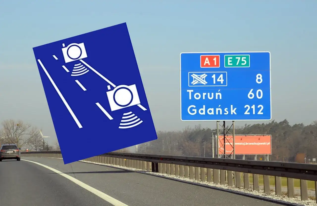 Znak odcinkowy pomiar prędkości na autostradzie A1. W tle tablica z kierunkami na Toruń i Gdańsk.