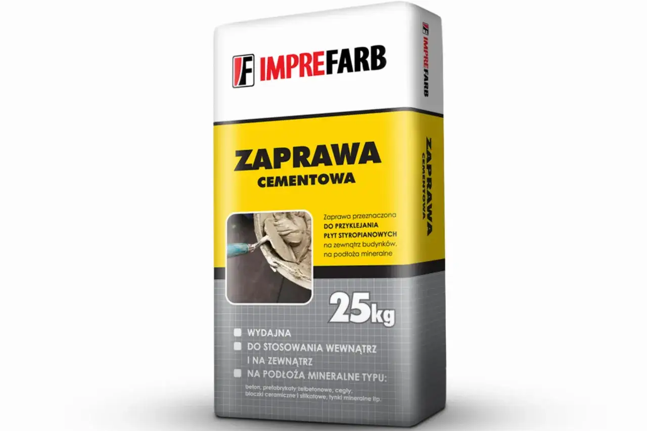 Gotowa zaprawa cementowa Imprefarb 25kg do przyklejania płyt styropianowych na zewnątrz i wewnątrz budynków, na podłoża mineralne.