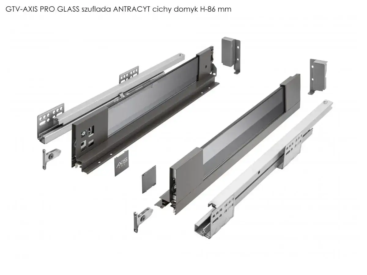 System GTV-AXIS PRO GLASS z antracytową szufladą i cichym domykiem. Regulacja szuflad z cichym domykiem zapewnia płynne i bezgłośne zamykanie.