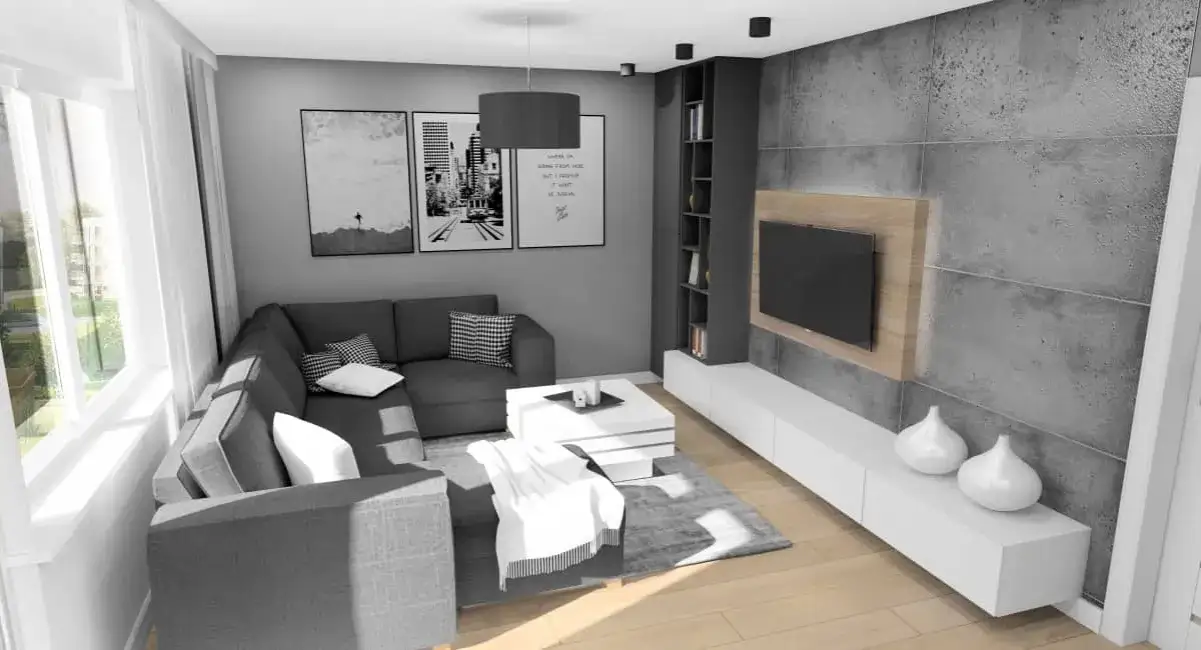 nowoczesny salon z betonem dekoracyjnym na ścianie