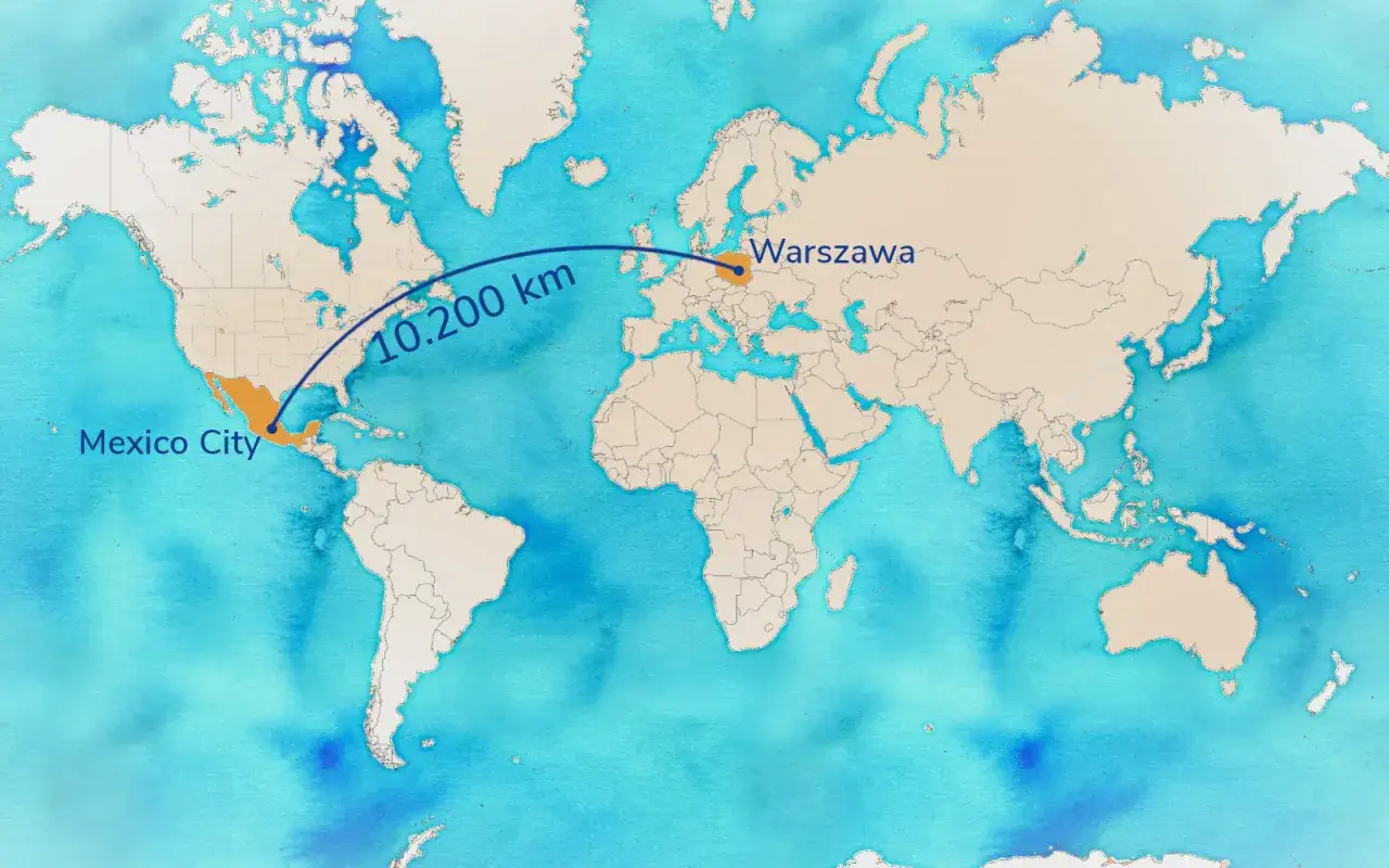 Mapa świata z zaznaczoną trasą z Warszawy do Mexico City (10.200 km). Czy Meksyk jest bezpieczny dla turystów?