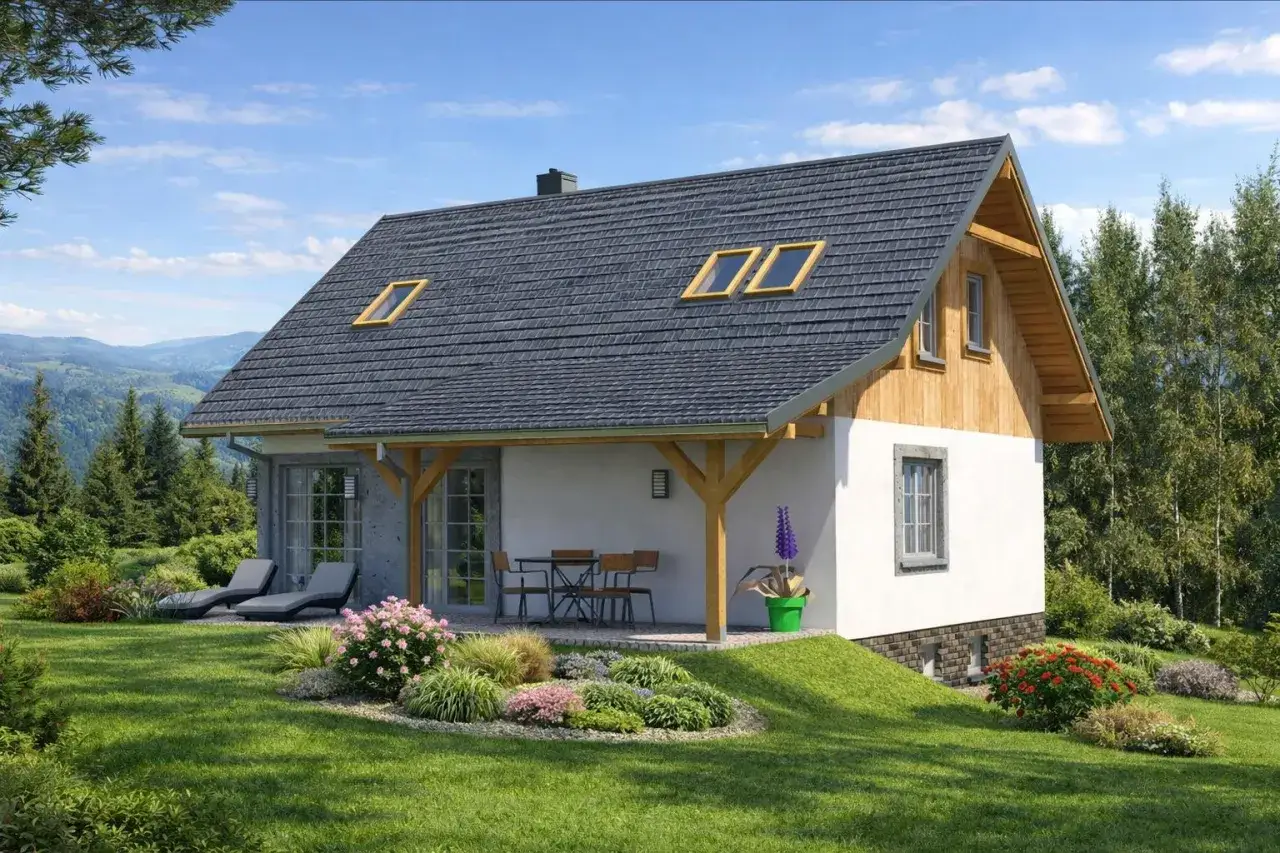 Uroczy dom w kształcie litery L, otoczony zielenią i górami, zaprasza do odpoczynku.