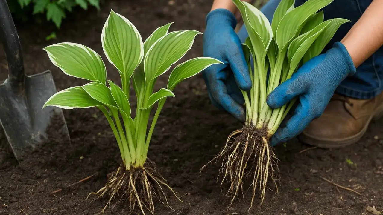 Ręce w niebieskich rękawiczkach trzymają funkie z rozwiniętymi korzeniami. Obok leży łopata. Idealny moment, kiedy przesadzać funkie.