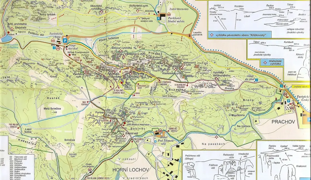 Prachovsk&eacute; sk&aacute;ly &ndash; mapa skaln&iacute;ho města, vyhl&iacute;dek a turistick&yacute;ch tras. Zobrazuje skaln&iacute; &uacute;tvary, lesy a vodn&iacute; plochy.