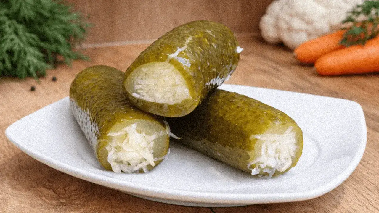 Trzy kiszone og&oacute;rki na białym talerzyku. Czy og&oacute;rek to owoc? W tle marchewki i kalafior.