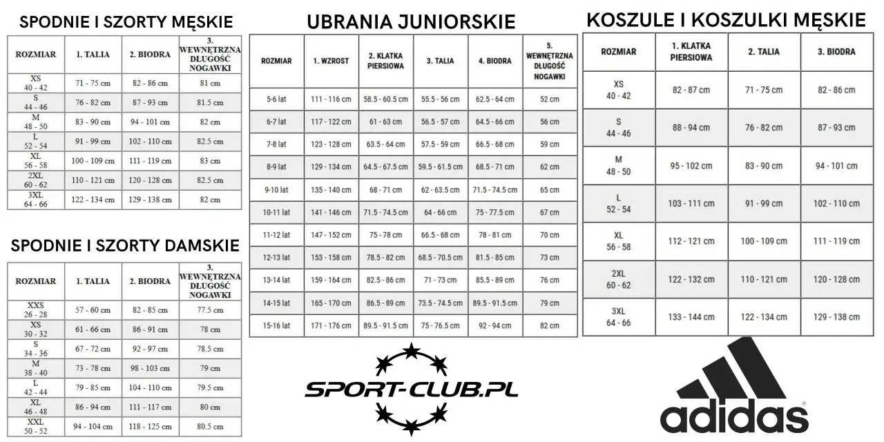 Tabela rozmiarów odzieży męskiej, damskiej i juniorskiej. Sprawdź, czy adidas ma zawyżoną rozmiarówkę, porównując wymiary.