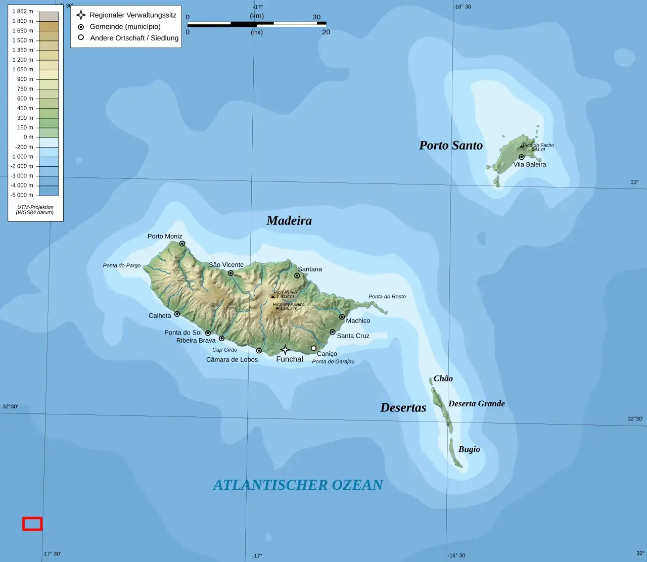 Mapa archipelagu Madery z wyspami Madera, Porto Santo, Desertas i Selvagens
