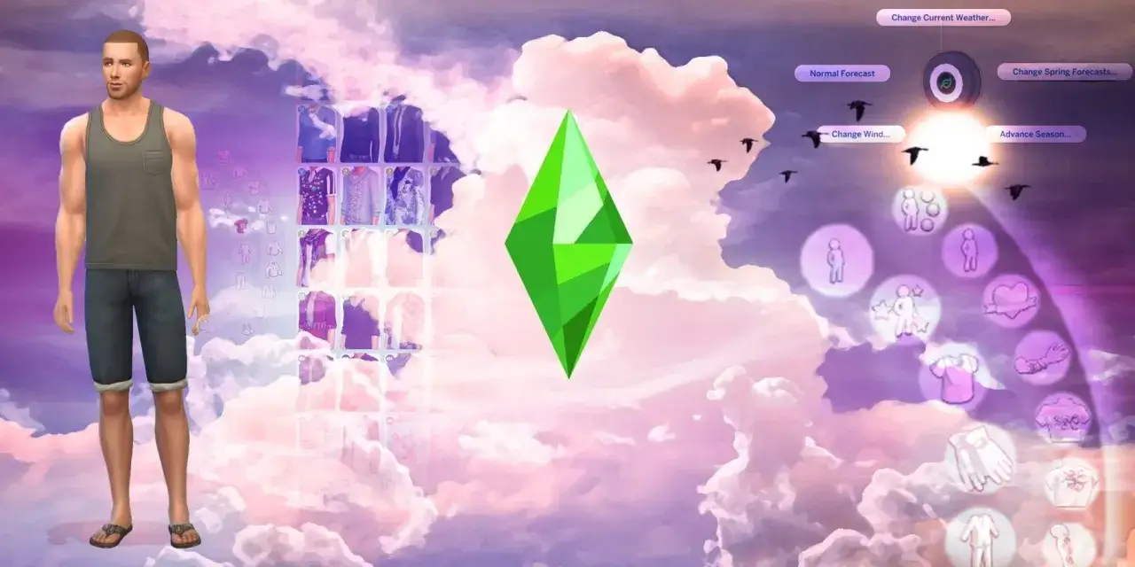 Tworzenie najlepszych mod&oacute;w do The Sims 4: wybieranie ubrań i pogody dla sima na tle nieba.
