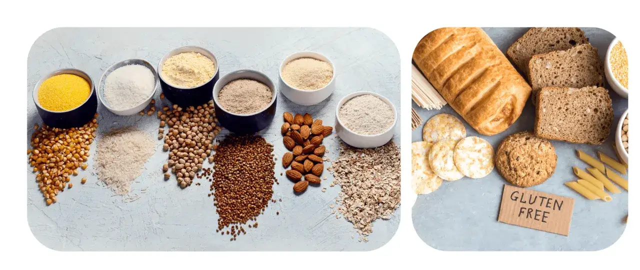 Różne rodzaje mąk i ziaren: kukurydza, ryż, ciecierzyca, gryka, migdały, owies. Obok pieczywo bezglutenowe, makaron i ciasteczka. Co zamiast mąki krupczatki?