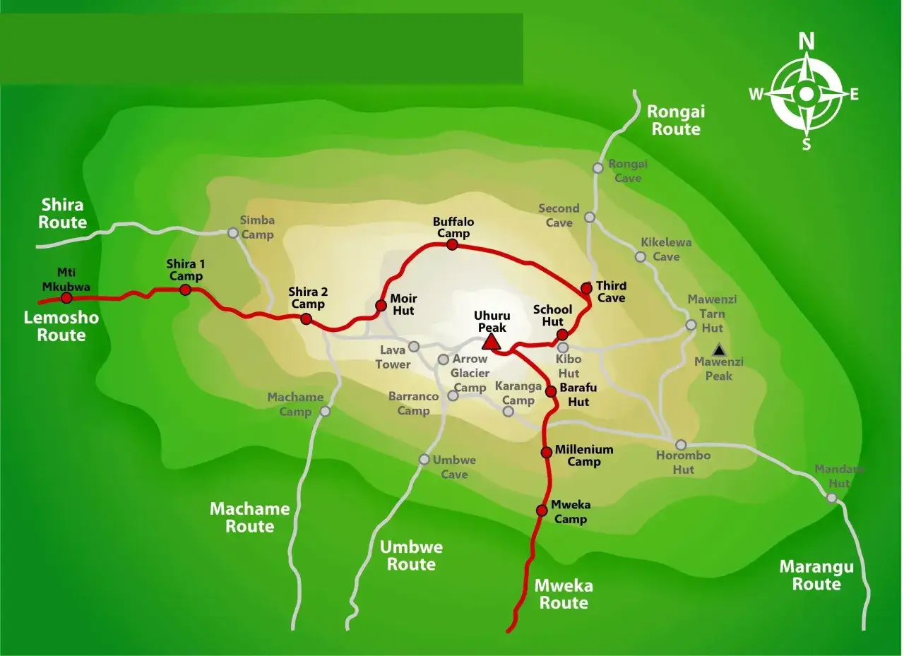 Mapa tras na Kilimandżaro: Lemosho, Machame, Umbwe, Marangu, Rongai. Droga na Kilimandżaro przez Kibo i Uhuru Peak.