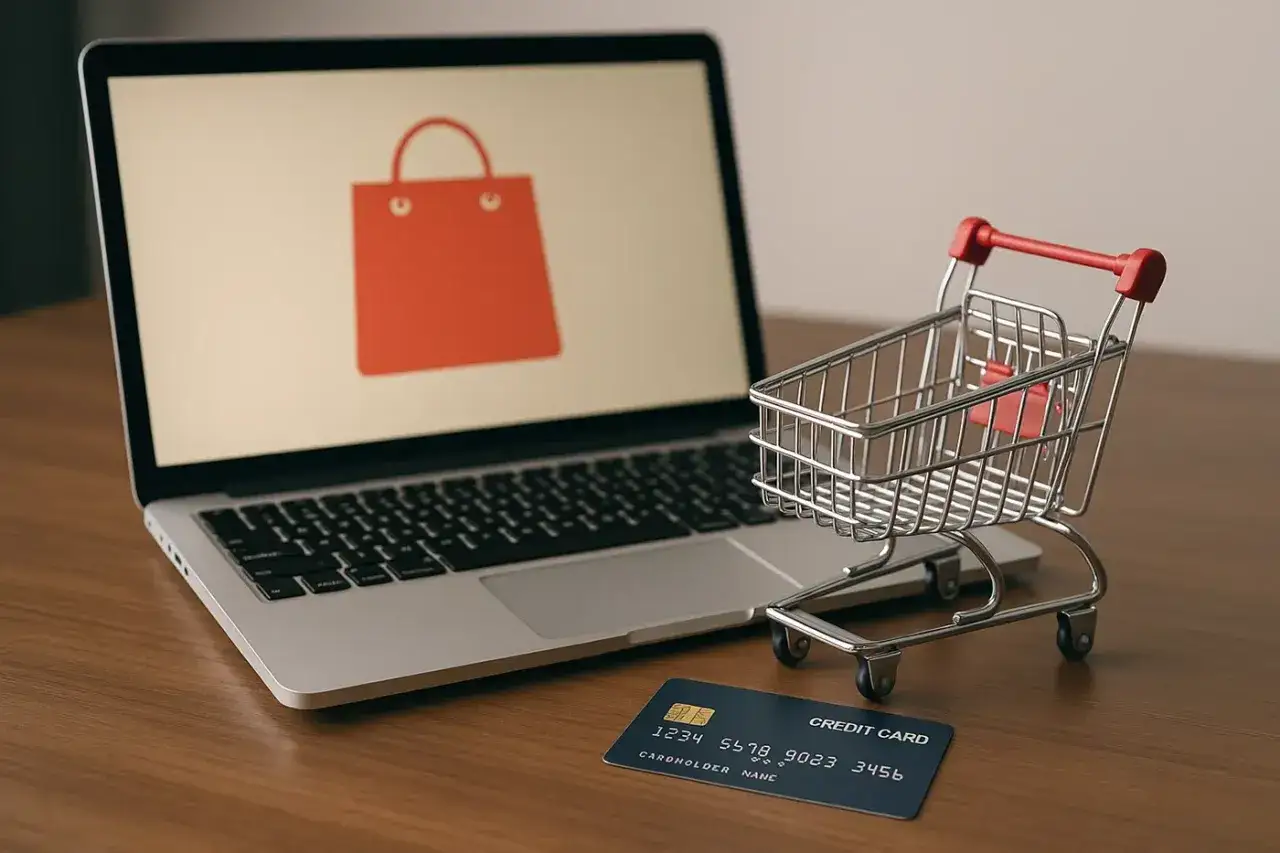 Laptop z ikoną torby na zakupy, mini wózek i karta kredytowa. Idealne do szukania pracy dla nieletnich zdalnej.