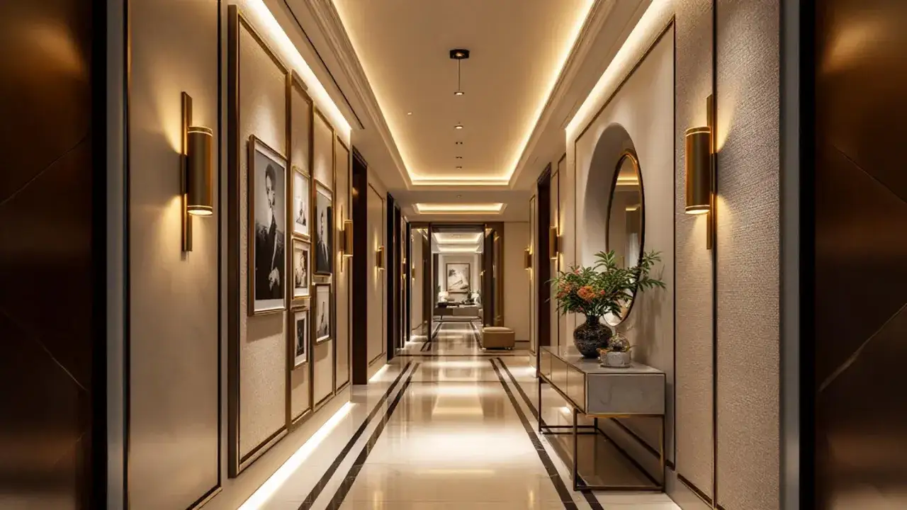 Elegancki korytarz z obrazami na ścianach i dyskretnym oświetleniem korytarza przy podłodze, tworzącym ciepłą atmosferę.
