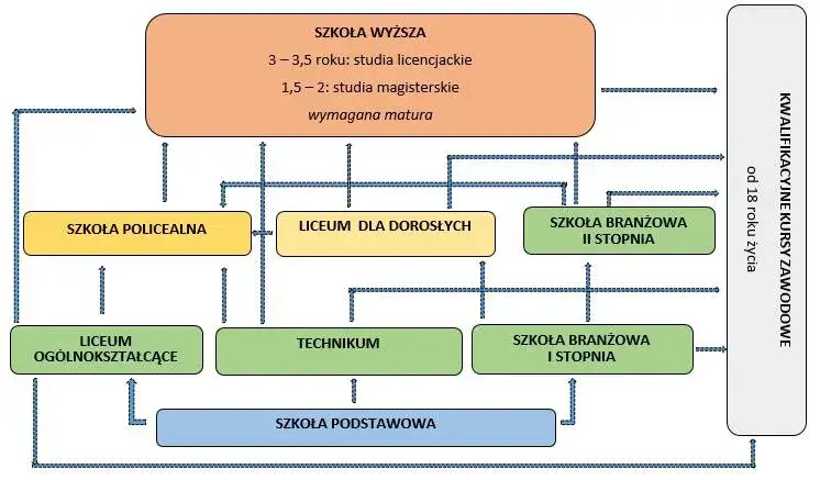 Infografika struktura systemu oświaty w Polsce rodzaje plac&oacute;wek