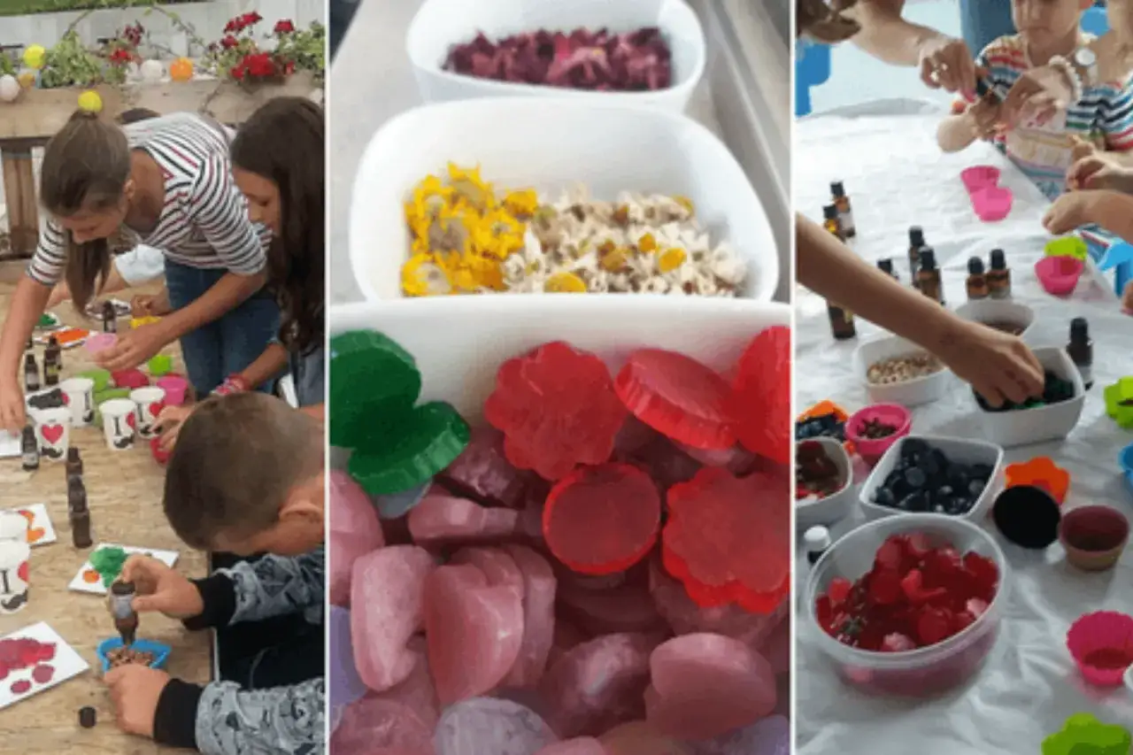 Dzieci tworzą kolorowe mydełka z dodatkami, ucząc się, jak zrobić mydło z dziećmi w przedszkolu.