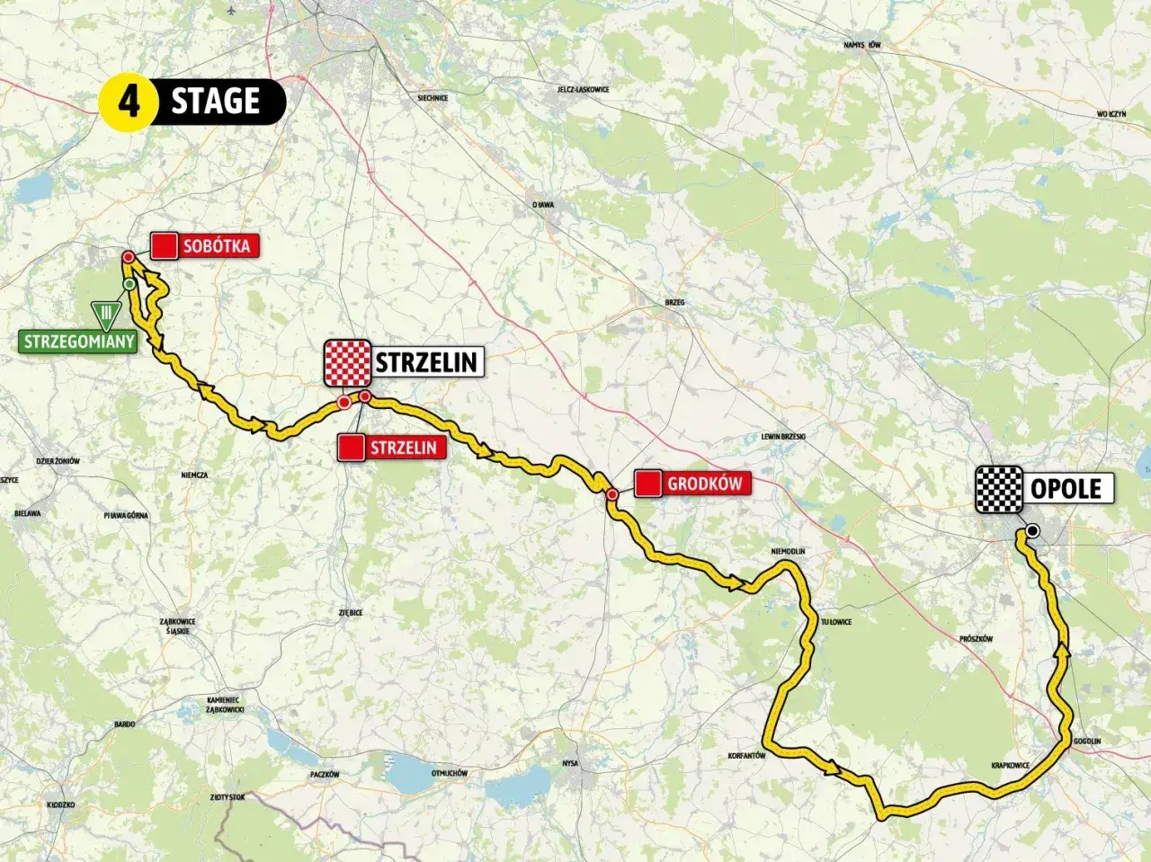 Trasa 4. etapu Tour de Pologne: od Strzegomian do Opola. Długość trasy to ok. 200 km.