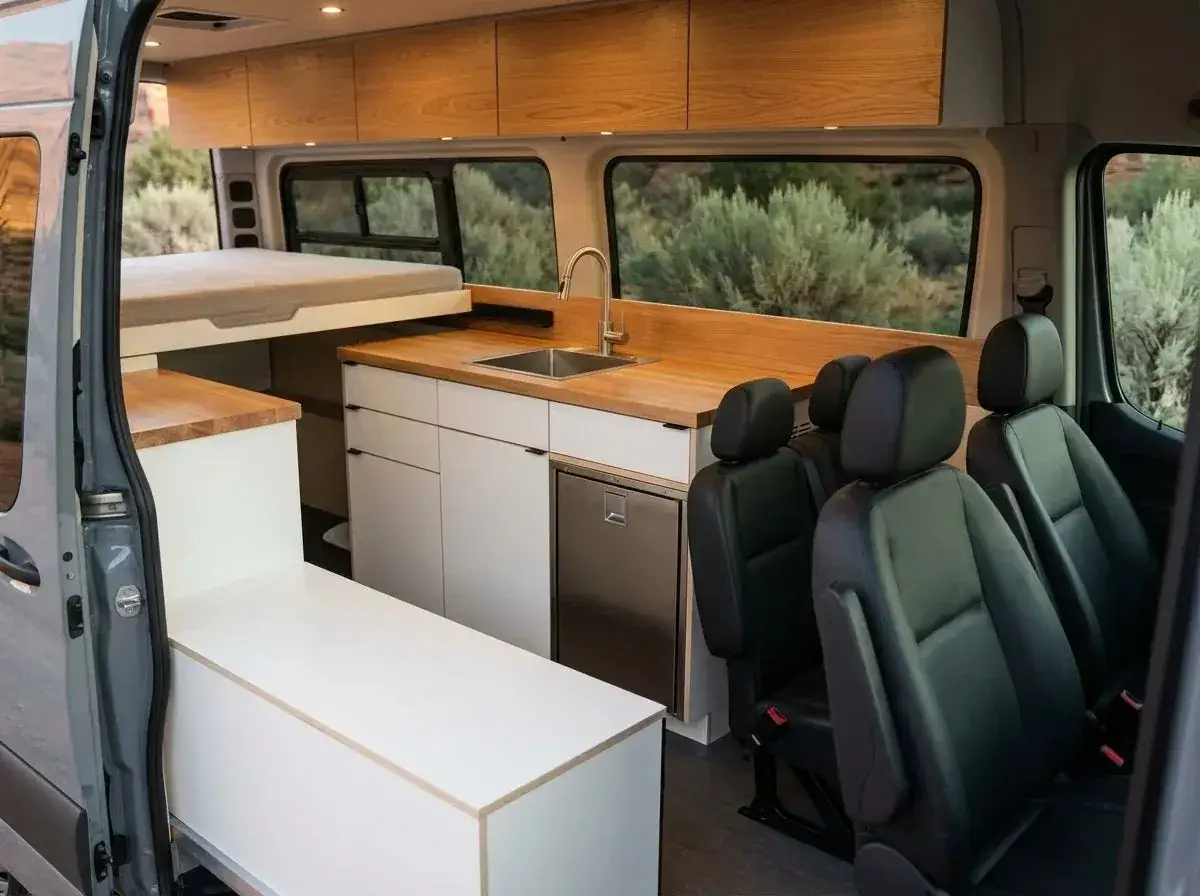 Wnętrze kampera z ł&oacute;żkiem, aneksem kuchennym i siedzeniami. Idealny na camper wypozyczenie i podr&oacute;że.