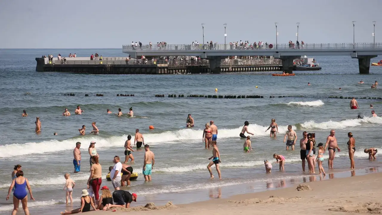 Ludzie kąpią się i opalają na plaży przy molo. Idealne miejsce, gdzie jechać nad polskie morze na wakacje.