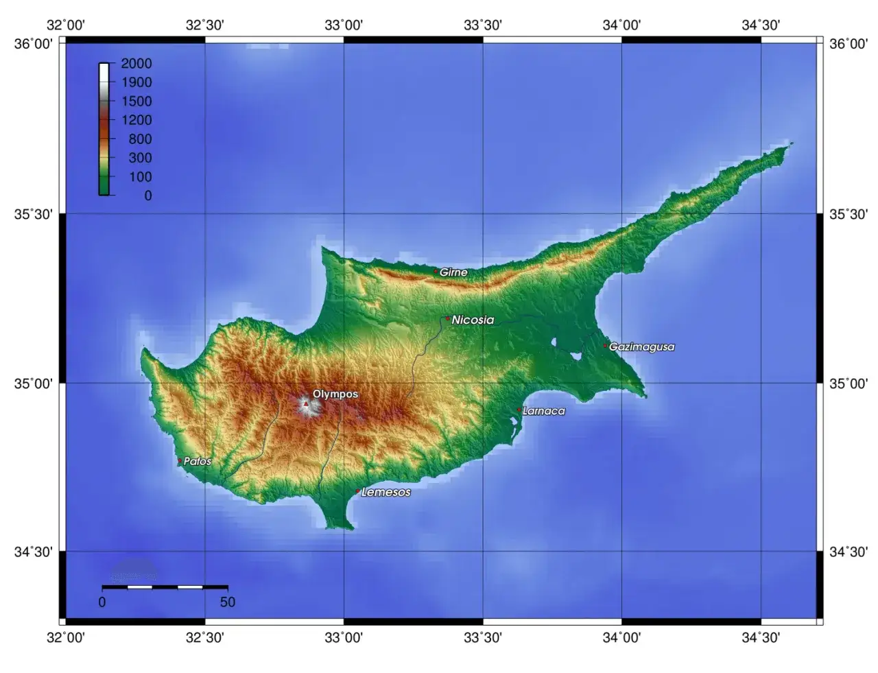 Mapa topograficzna Cypru, ukazująca g&oacute;ry i miasta. Czy to cypr grecki czy turecki?