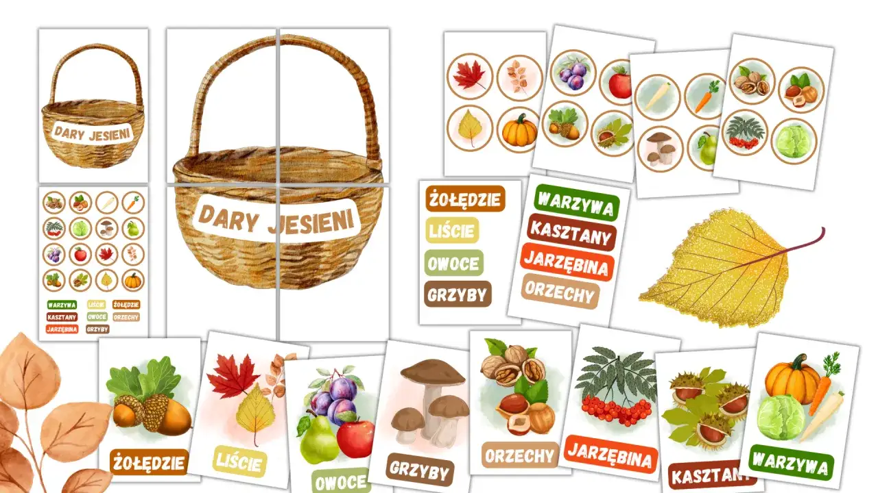 Dary jesieni do przedszkola: koszyk z napisem, karty z żołędziami, liśćmi, owocami, grzybami, orzechami, jarzębiną, kasztanami i warzywami.