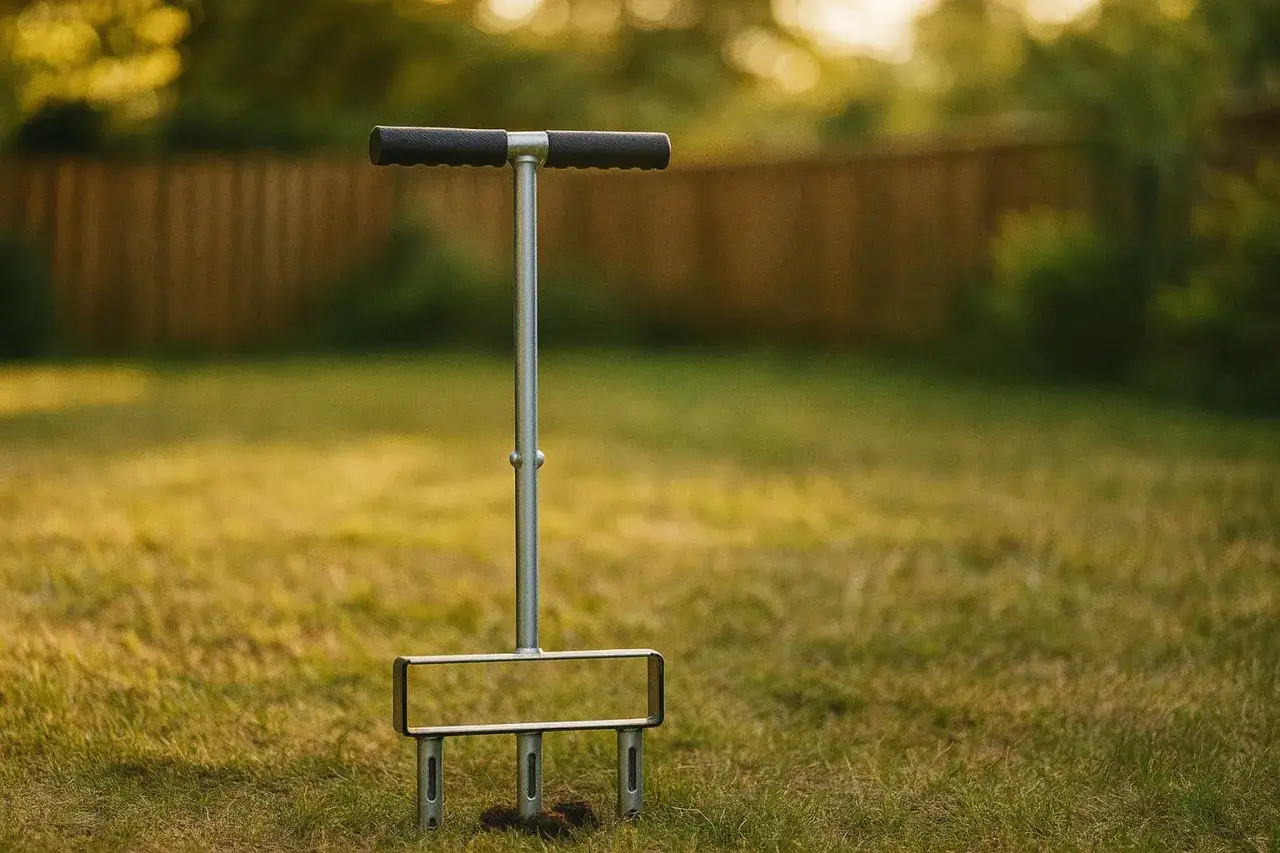 Aerator do trawnika, który służy do napowietrzania gleby, stoi na zielonej trawie.