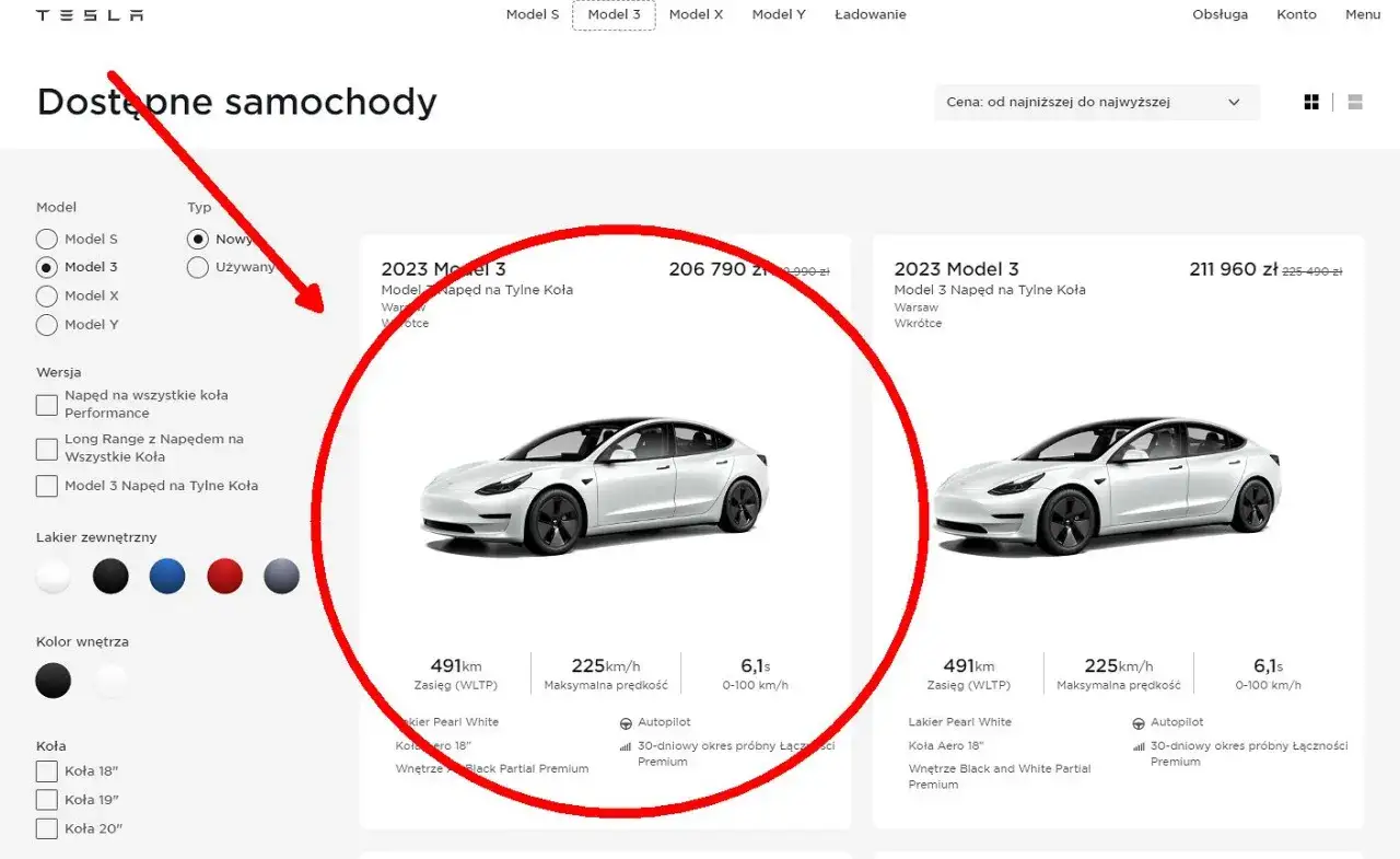 Tesla Model 3 w wersji z napędem na tylne koła kosztuje 206 790 zł. Sprawdź, ile kosztuje Tesla 3.