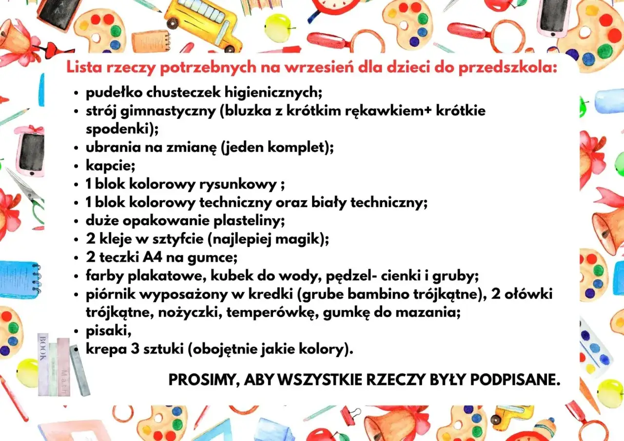 lista rzeczy do przedszkola do podpisania