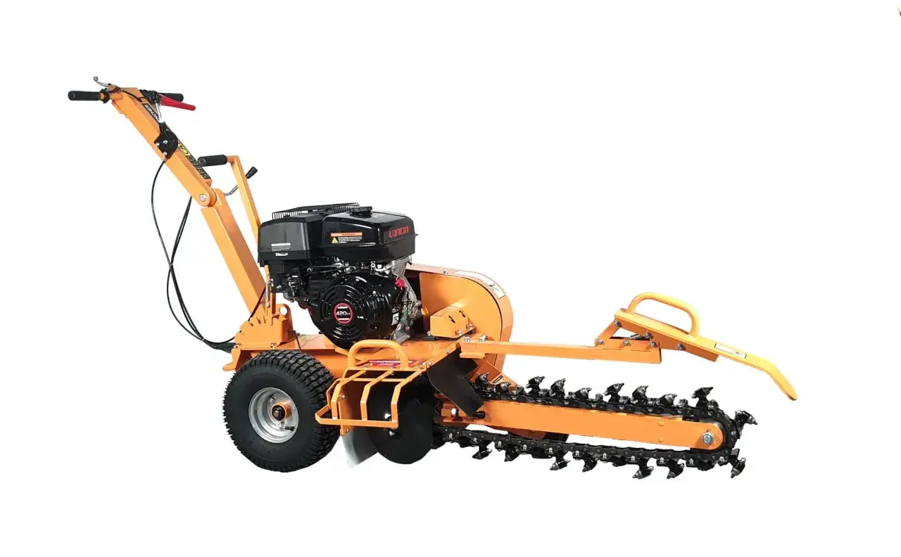 Pomarańczowa mini koparka łańcuchowa z silnikiem Loncin 420cc, gotowa do kopania rowów.