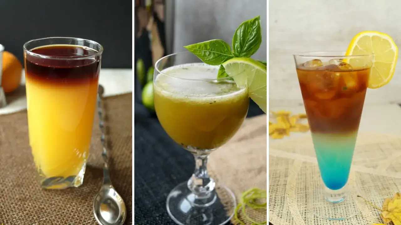 Trzy warstwowe drinki: pomarańczowy z kawą, zielony z limonką i miętą, oraz kawowy z niebieskim akcentem. Idealne z czym jager.