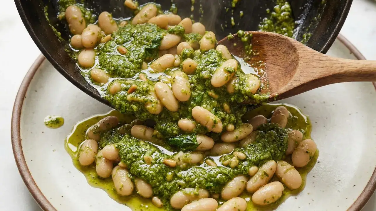 Biała fasola w sosie pesto, bogata w białko i błonnik, prezentuje swoje wartości odżywcze. Drewniana łyżka nakłada porcję na talerz.