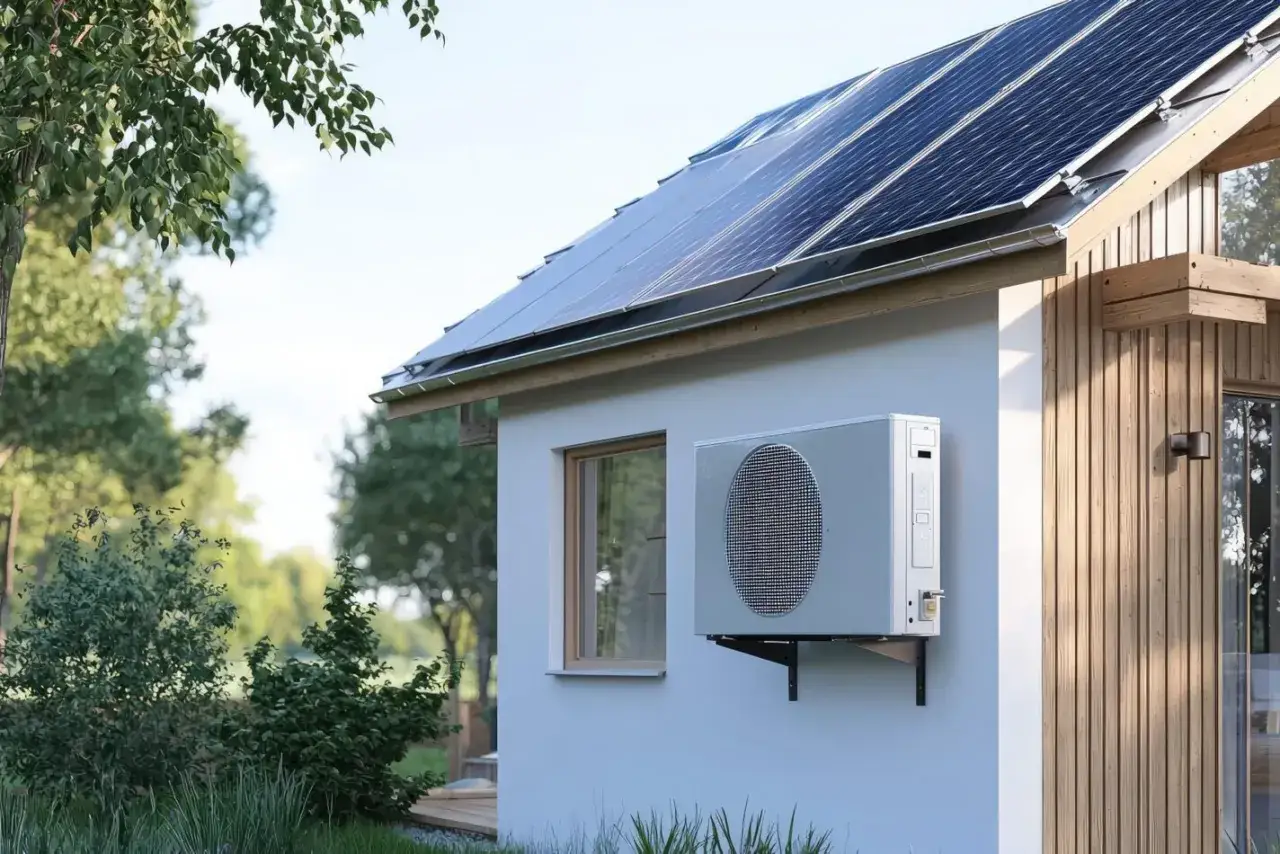 Nowoczesny dom z panelami słonecznymi na dachu i jednostką zewnętrzną pompy ciepła. Odnawialne źródła energii w domu to przyszłość.