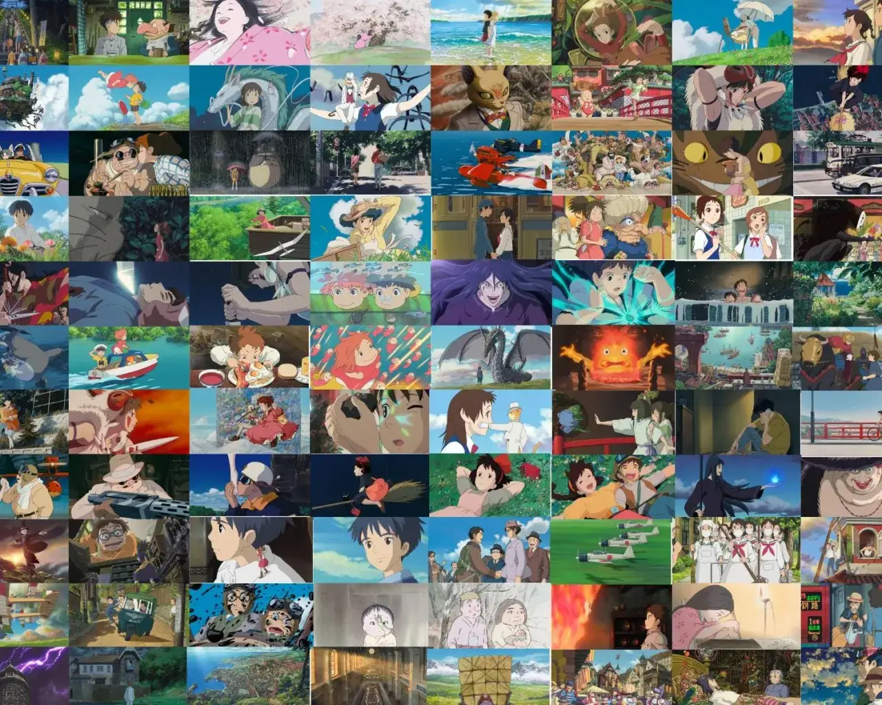 Kolaż kadrów z filmów Studio Ghibli: Spirited Away, Totoro, Mononoke, Hauru