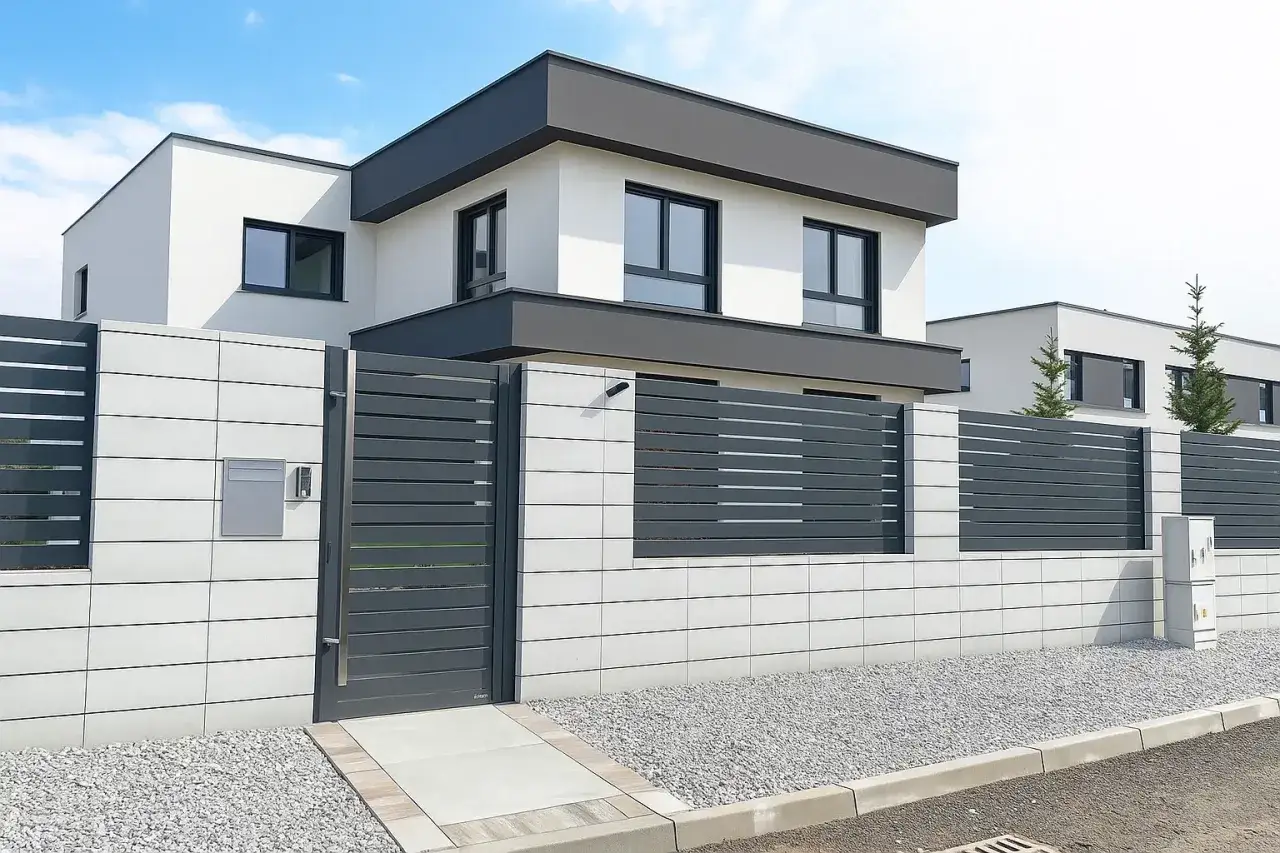 Nowoczesne ogrodzenie do ogrodu z szarej stali i białych płyt, otaczające dom z szarymi elementami.