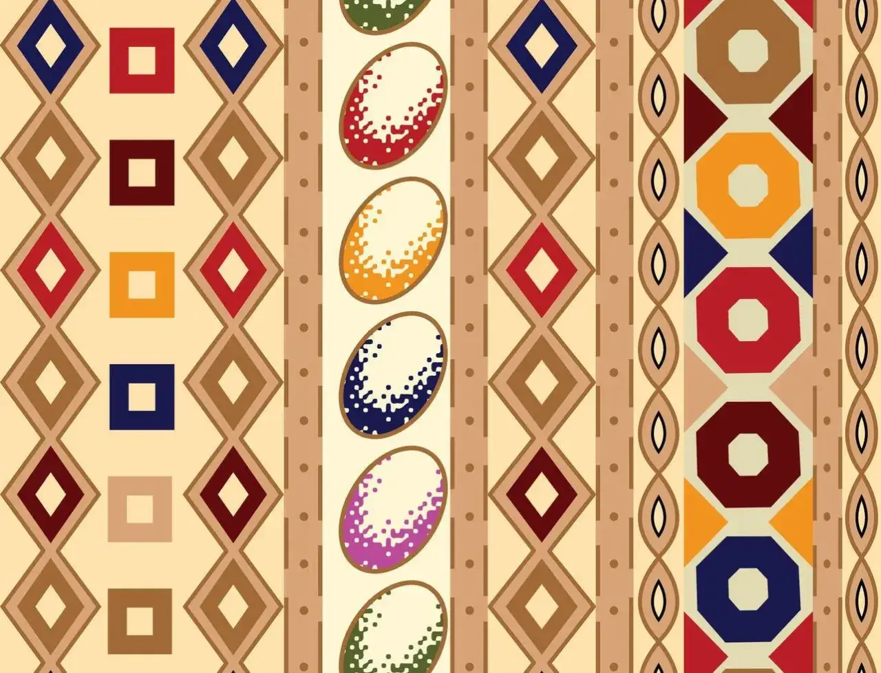 Wz&oacute;r w stylu hard edge painting: geometryczne romby, kwadraty i wielokąty w żywych kolorach, tworzące etniczny, plemienny motyw.