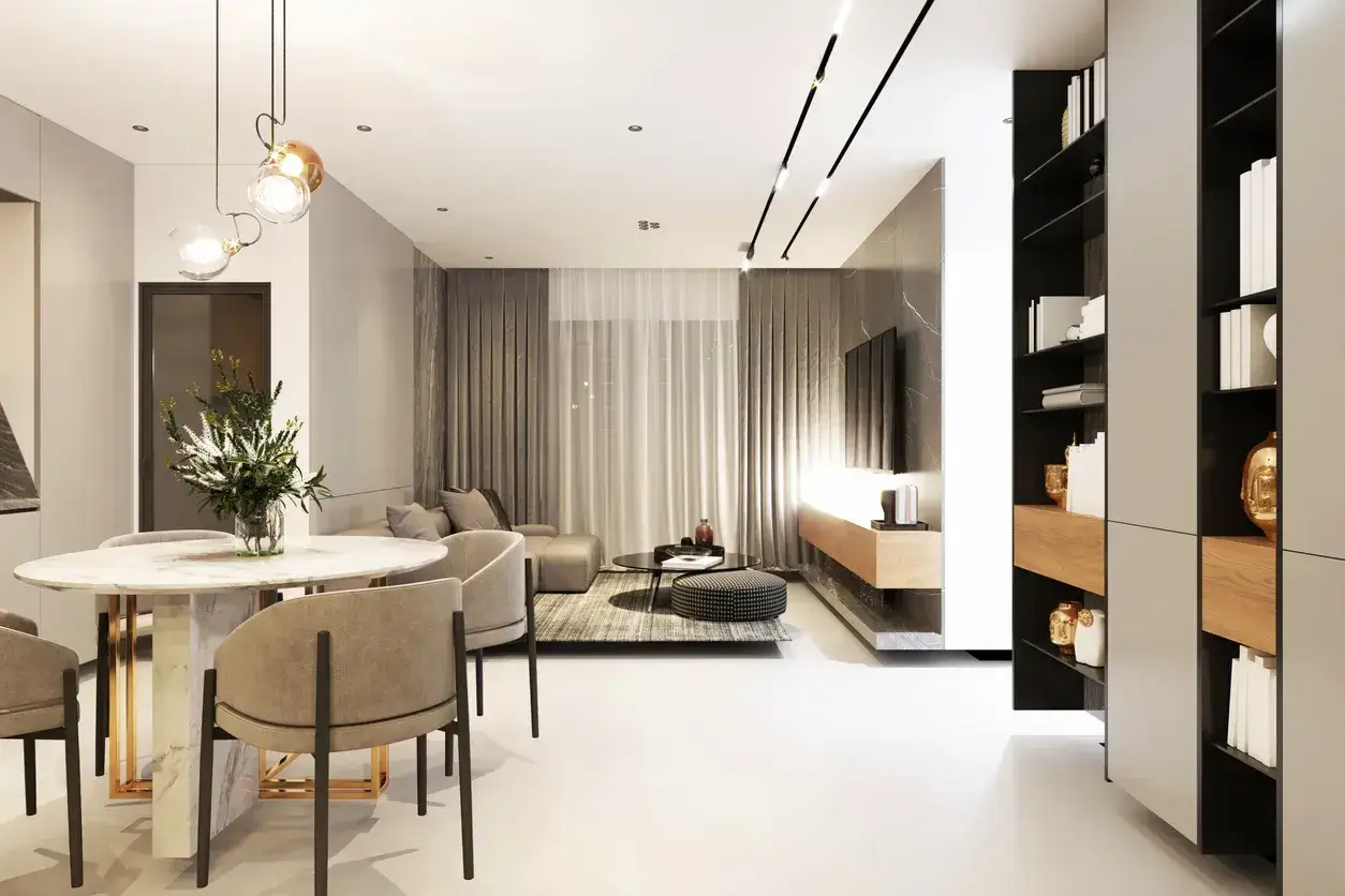 Eleganckie **światło w salonie** podkreśla nowoczesne meble i dekoracje. Widać st&oacute;ł z marmurowym blatem, wygodną kanapę i regał.