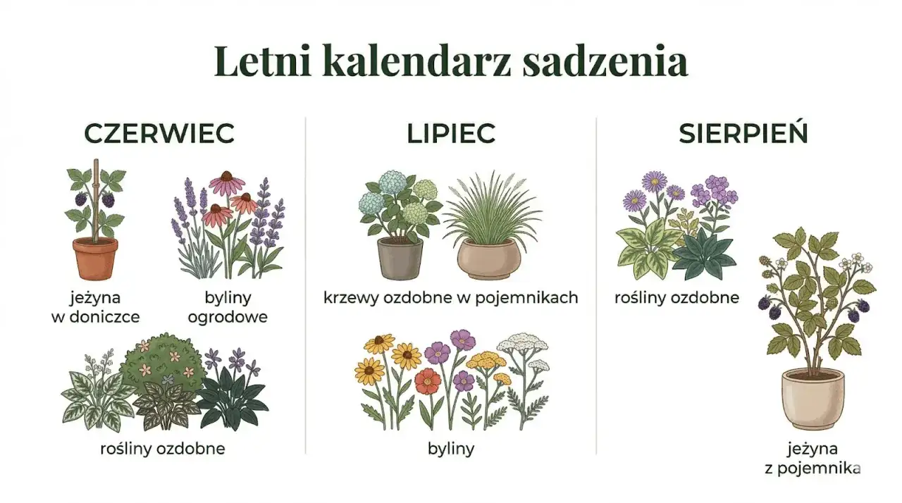 Letni kalendarz ogrodnika co kiedy sadzić: jeżyny w czerwcu, byliny ozdobne i krzewy w lipcu, a jeżyny z pojemnika i rośliny ozdobne w sierpniu.