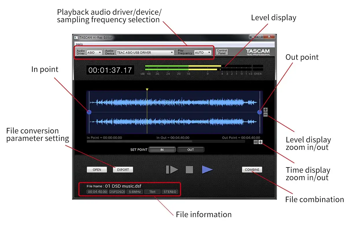 Program do nagrywania dźwięku TASCAM Hi-Res Editor. Widok fali dźwiękowej, ustawienia punkt&oacute;w wejścia/wyjścia, informacje o pliku.