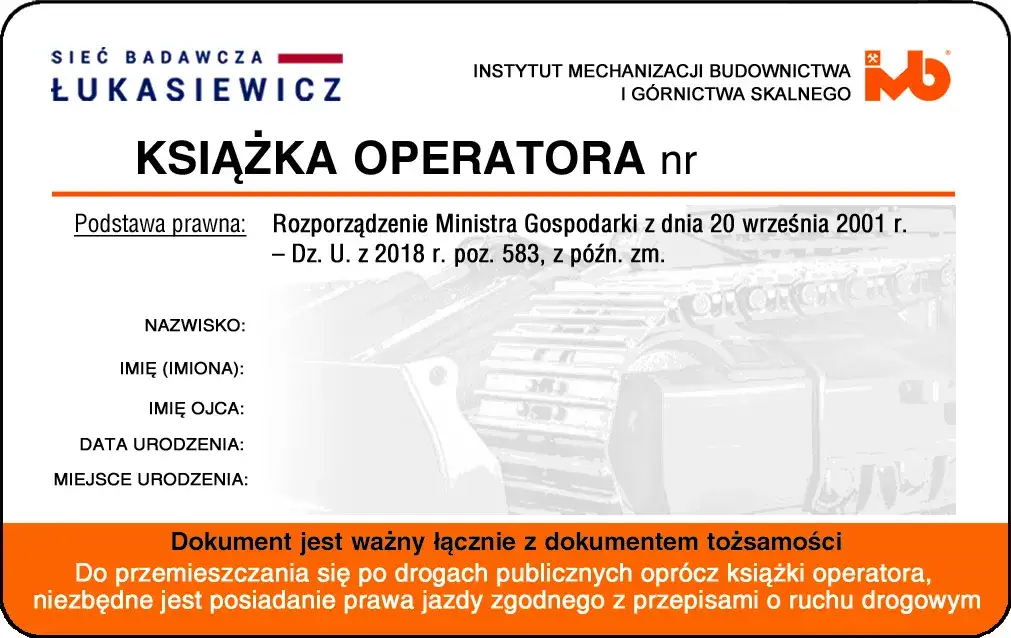 książka operatora maszyn roboczych wz&oacute;r