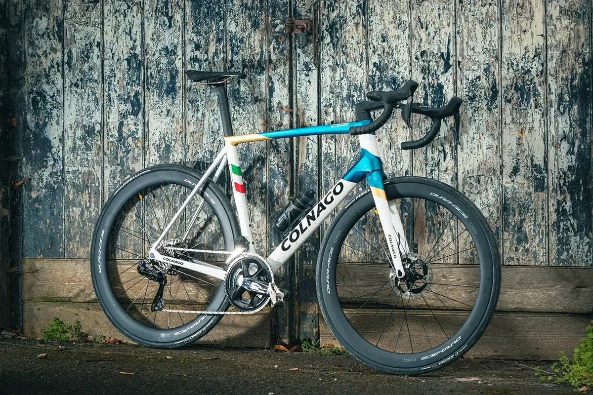 Wyjątkowe rowery włoskie Colnago, białe z niebieskimi i złotymi akcentami, stojące przy starej, drewnianej ścianie.