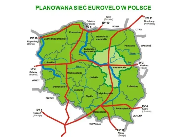 Mapa tras EuroVelo w Polsce