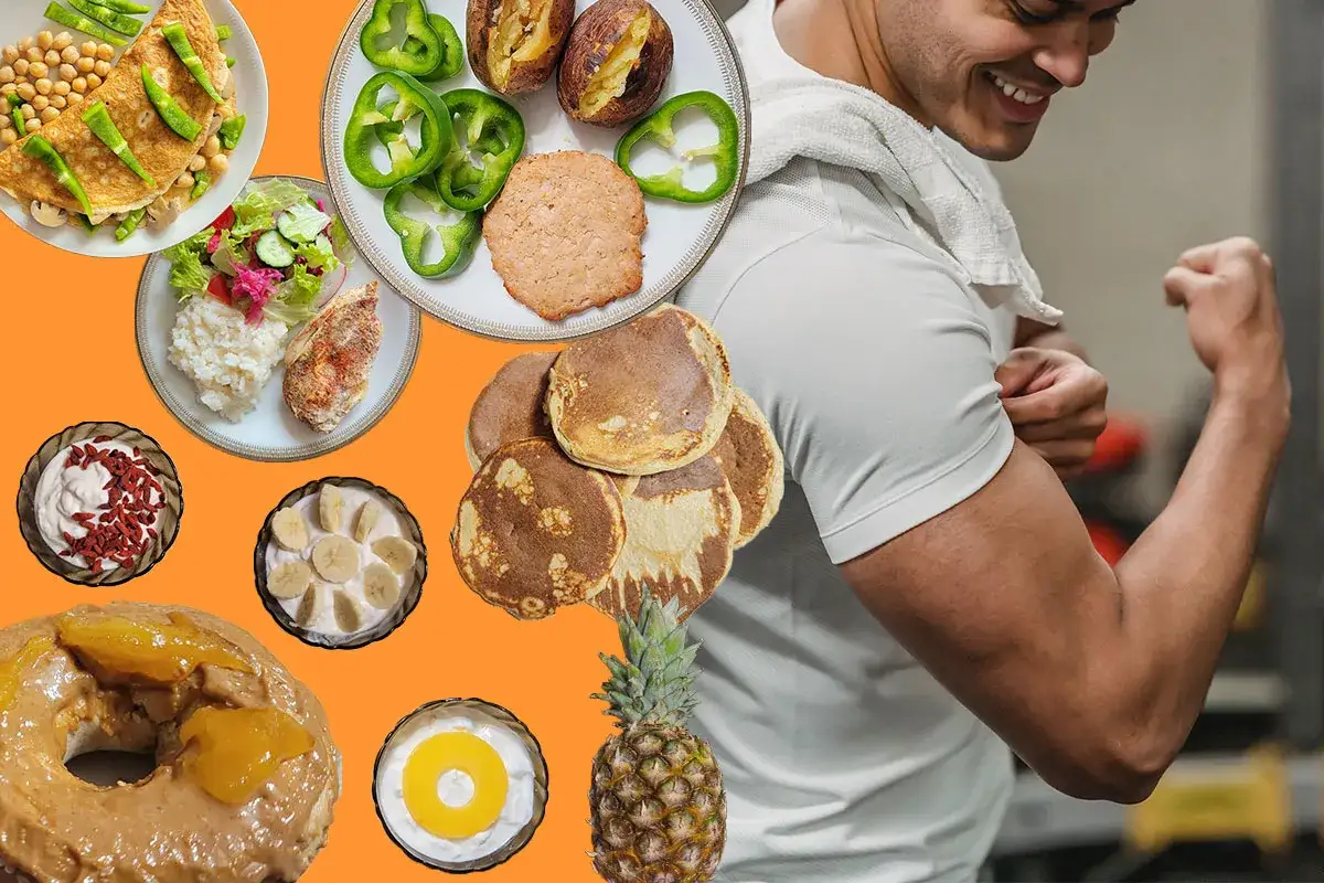 Chcesz wiedzieć, jak szybko przytyć? Zobacz te kaloryczne potrawy: naleśniki, pączek z masłem orzechowym, omlet, ryż z kurczakiem, jogurt z owocami i ananas.