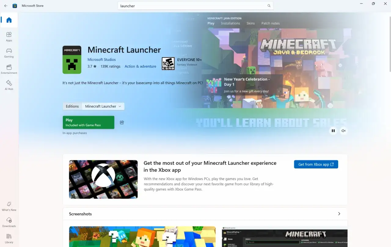 Microsoft Store Minecraft Bedrock update
