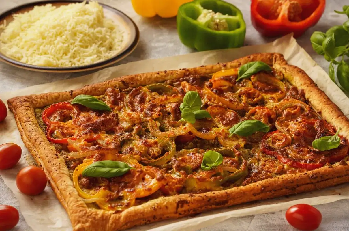 Pyszna tarta z ciasta francuskiego z papryką i serem – idealna odpowiedź na pytanie, co zrobić z ciasta francuskiego na obiad.