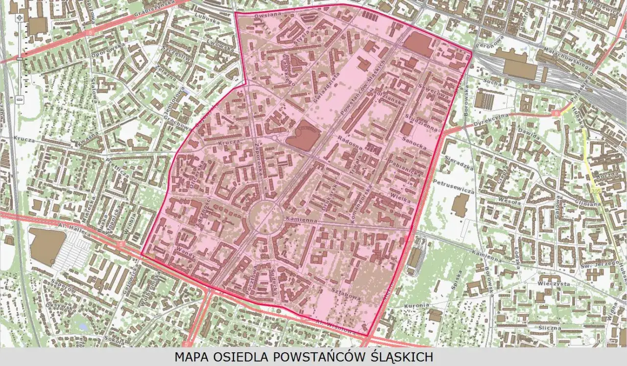Mapa Osiedla Szkolnego z zaznaczonymi przystankami i trasami pieszymi