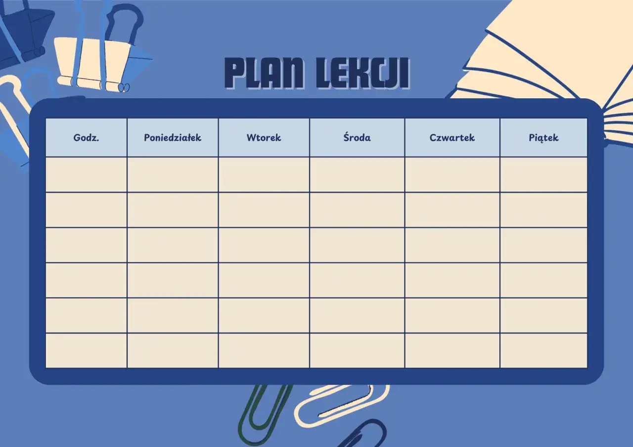 Plan lekcji dla szóstej klasy, z miejscem na wpisanie przedmiotów i godzin. W tle ozdobne spinacze i otwarta książka.