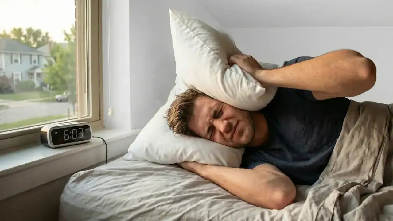 Mężczyzna w łóżku zakrywa uszy poduszką, cierpiąc z powodu hałasu. Czy w niedzielę można wiercić w bloku? Zegar pokazuje 6:03.