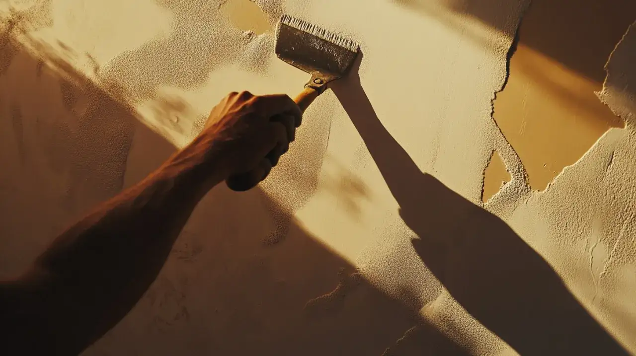 Dłoń z kielnią nakłada tynk na ścianę. Cienie rzucane przez światło podkreślają fakturę i pomagają ocenić, ile kg tynku na m2 potrzeba.