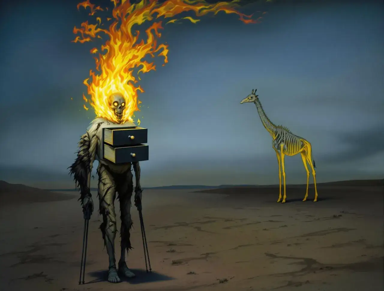 Surrealistyczny obraz: postać z płonącą głową i szufladami zamiast torsu, obok szkielet żyrafy. Inspiracja: płonąca żyrafa wiersz.